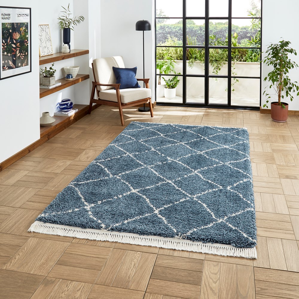 Boho 5413 Berber Shaggy Modern Rugs in Blue